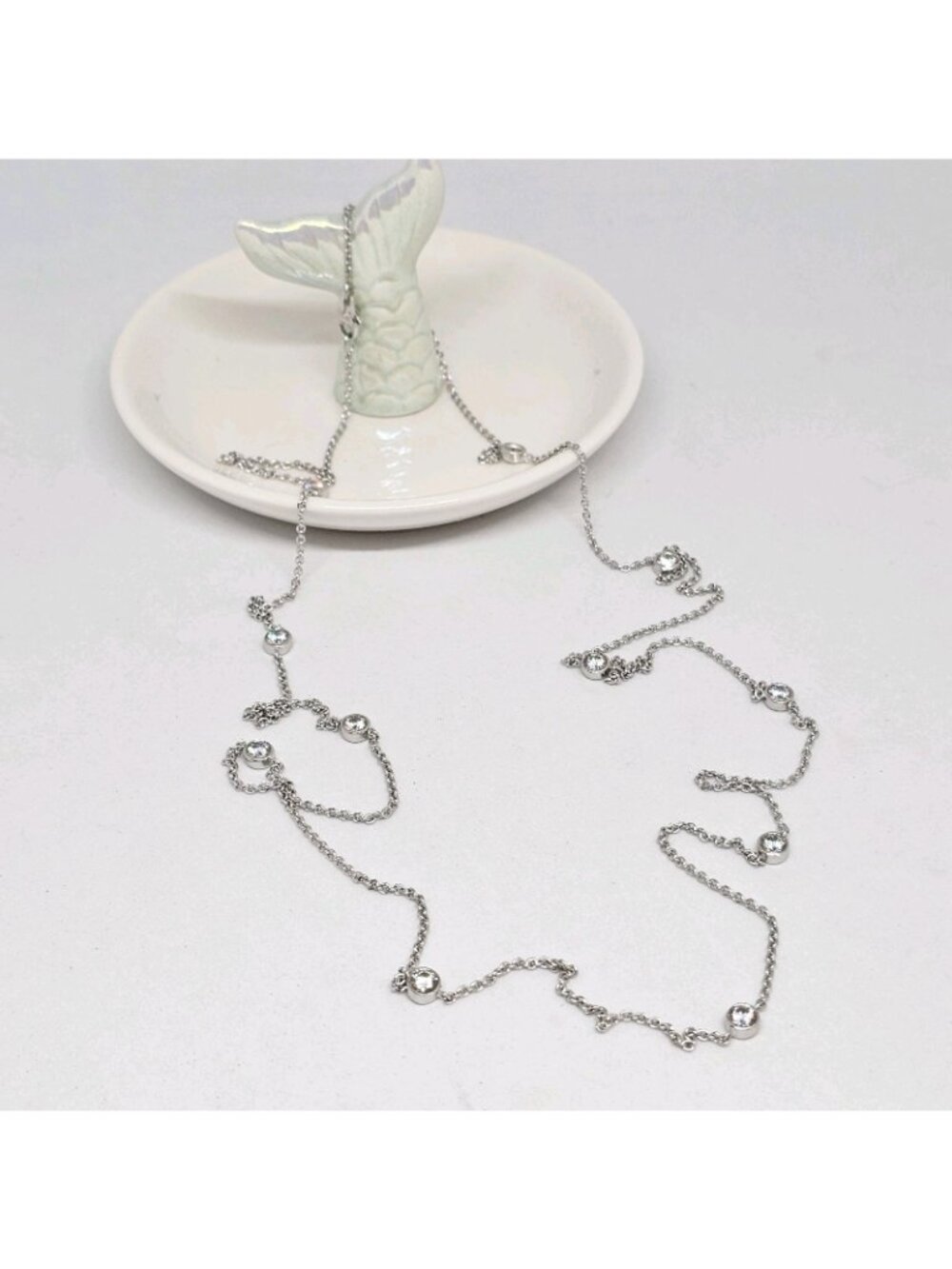 ALWAND VAHN 925 Sterling Silver Bezel Station Necklace CZ Bezel Set Chain 38"